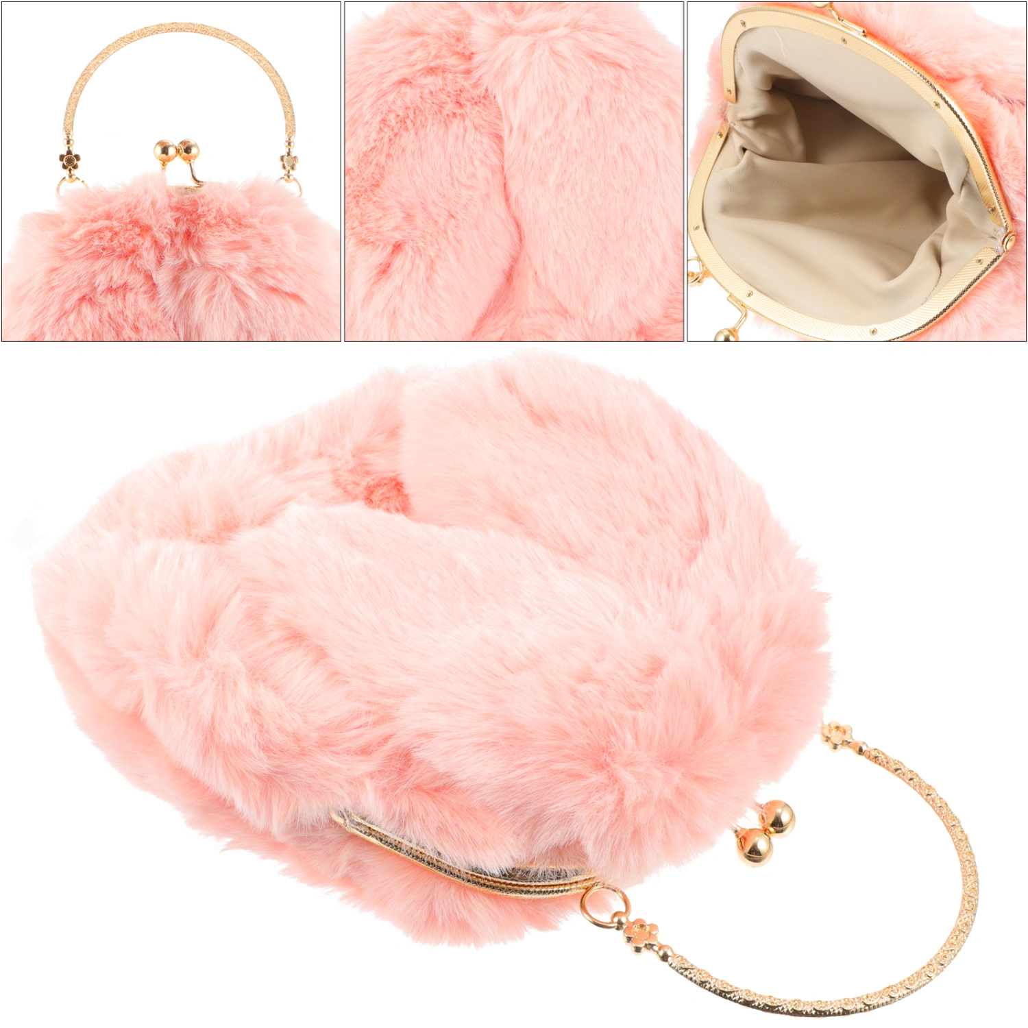 1PC Plush Crossbody Bag Metal Chain Messenger Bag Rabbit Ear Handbag for Students Girls Pink