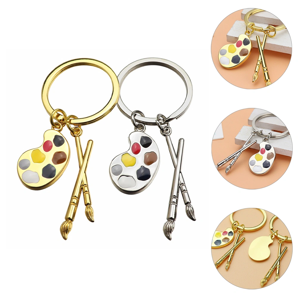 2Pcs Metal Key Chain Key Ring with Painting Tray Pendant Charm Great Gifts