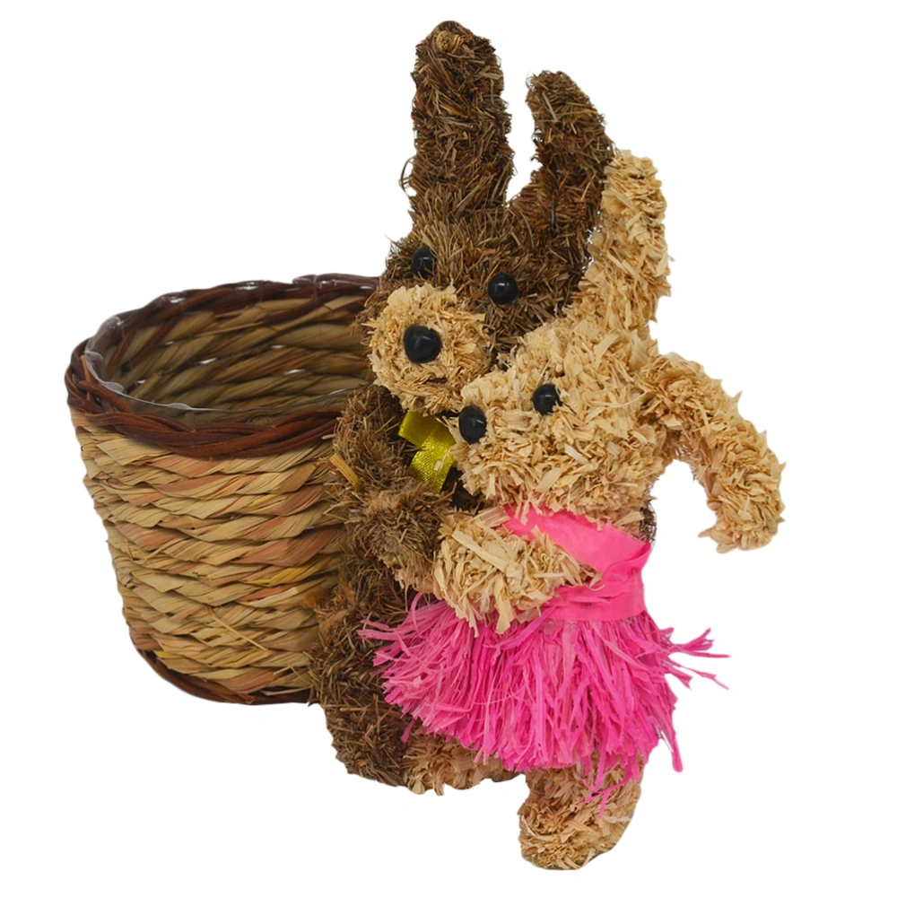 1Pc Wedding Decoration Straw Woven Basket Rabbit Couples Ornament Storage Basket