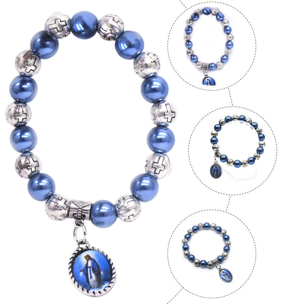 3Pcs Exquisite Madonna Pendant Design Blue Pearl Cross Bracelets for Women