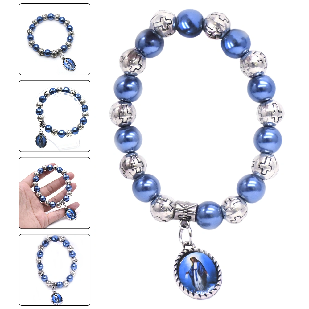 3Pcs Exquisite Madonna Pendant Design Blue Pearl Cross Bracelets for Women