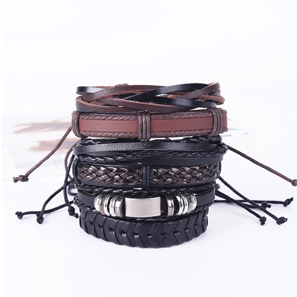 6pcs Leather Woven Bracelets Adjustable Bangle Wrist Decoration Hip-hop Style Hand Chain for Men