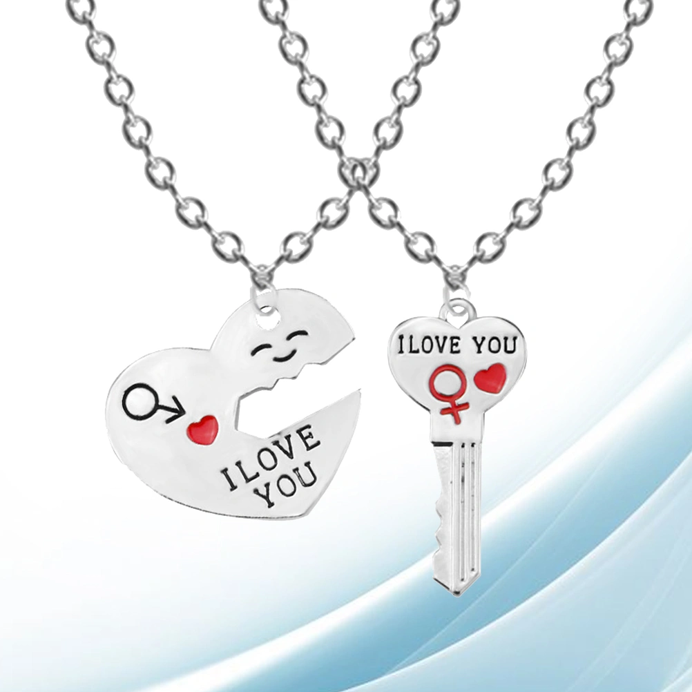 2pcs/Set I LOVE YOU Letters Heart Pattern Pendant Couple Necklaces Key Shape Lovers Gifts for Valentine's Day Birthday Anniversary