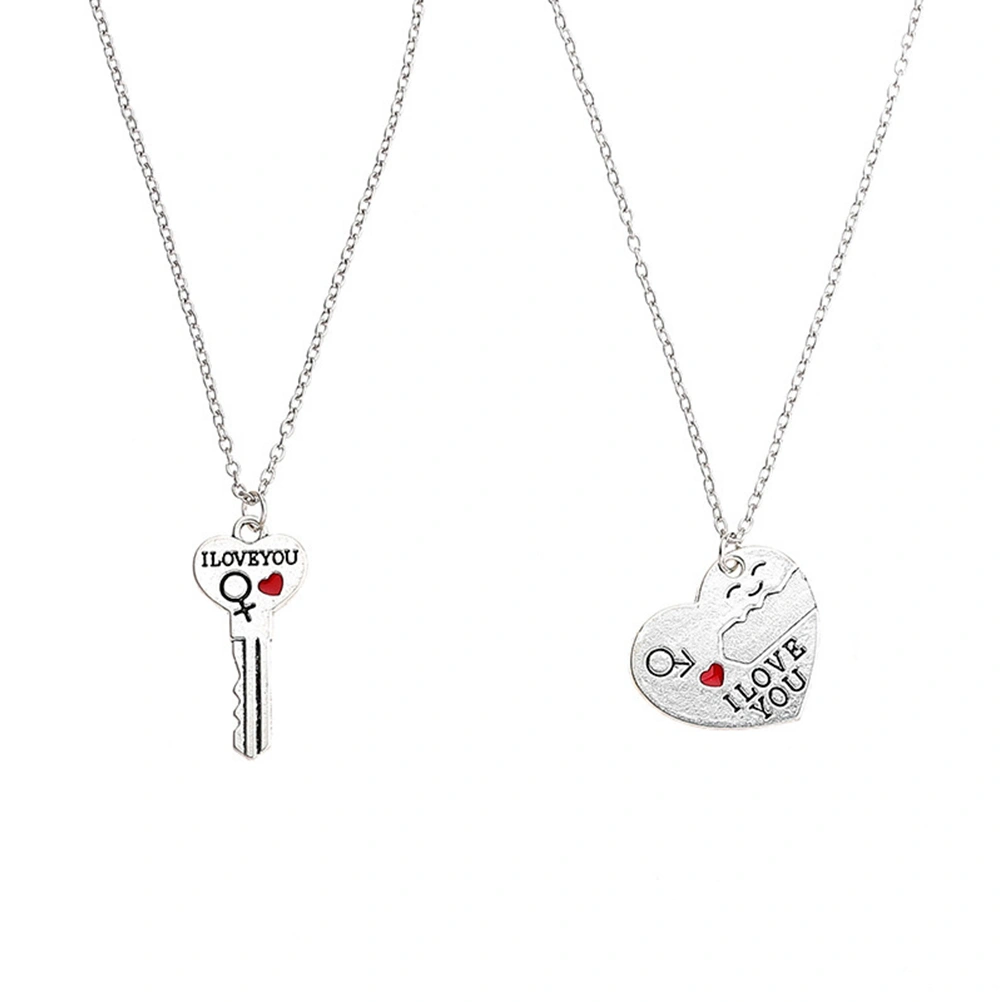 2pcs/Set I LOVE YOU Letters Heart Pattern Pendant Couple Necklaces Key Shape Lovers Gifts for Valentine's Day Birthday Anniversary