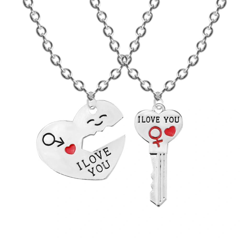 2pcs/Set I LOVE YOU Letters Heart Pattern Pendant Couple Necklaces Key Shape Lovers Gifts for Valentine's Day Birthday Anniversary