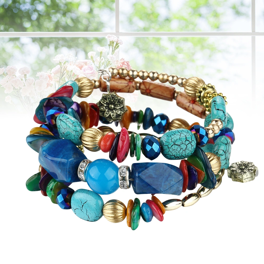 Vintage Charms Bracelets Multilayer Natural Stone Bracelets Crystal Charms and Bangles for Teens Women (Blue)
