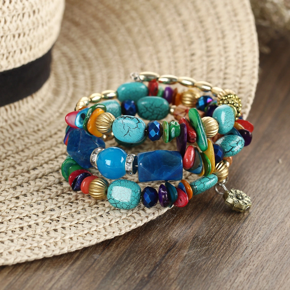 Vintage Charms Bracelets Multilayer Natural Stone Bracelets Crystal Charms and Bangles for Teens Women (Blue)