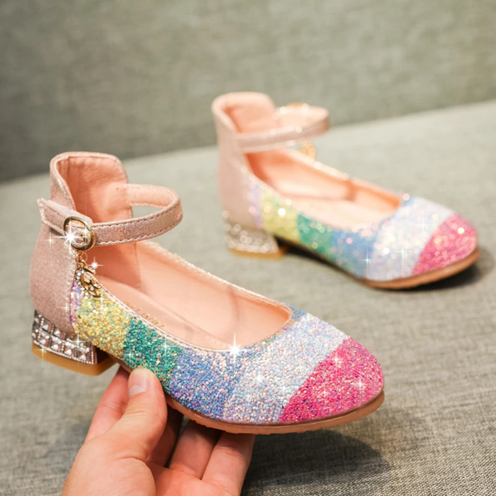 1 Pair of Rainbow Color Casual Shoes Low-heeled Sole Sequin Shoes for Little Girls Children (Pink) - Size 29