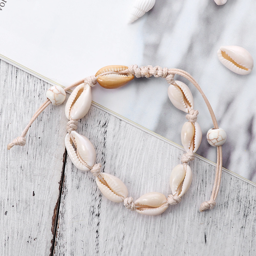 Amosfun Natural Shell Handmade Hawaii Bracelets Bohemian Shell Beads Bracelet Ocean Wind Feet Fringe Beach Bangle Chain Bracelet Hand-knitted for Women Girl White