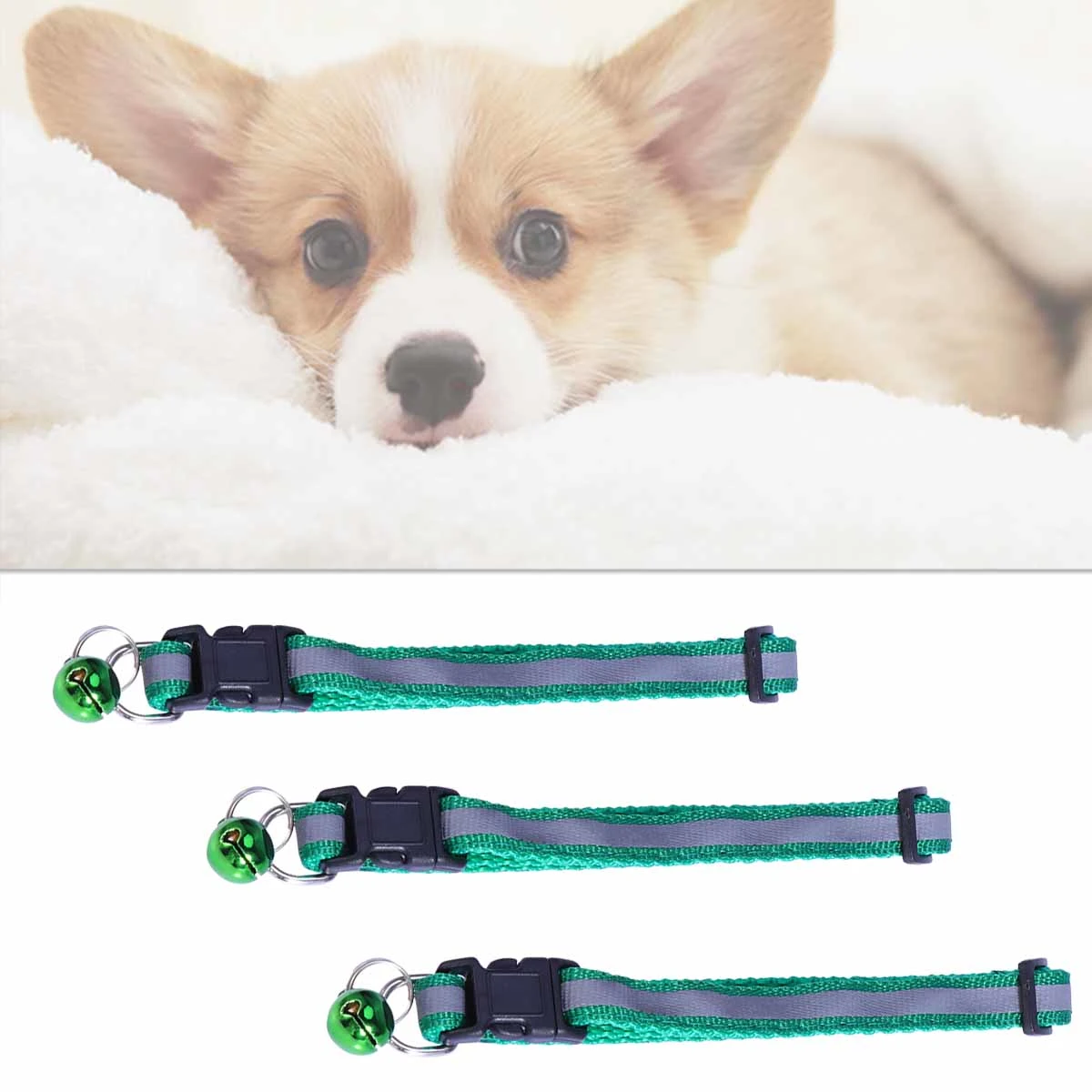 3Pcs Reflective Adjustable Pet Collar with Small Bell Personalized Collars for Cat Kitty Kitten Puppy (Green)