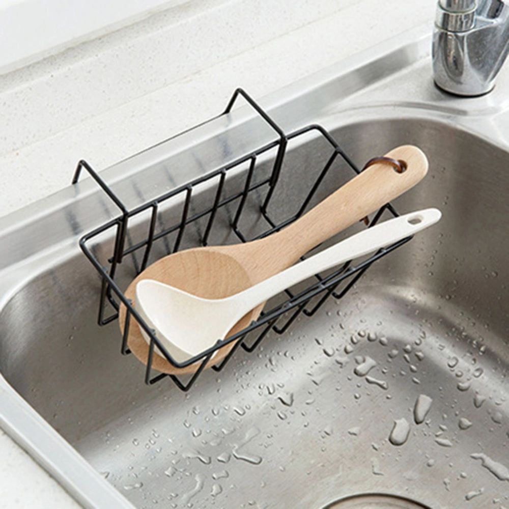 Wrought Iron Drain Rack Sink Caddy Kitchen Storage Basket Hanging Organizer for Gadget Brush Sponge (Black)