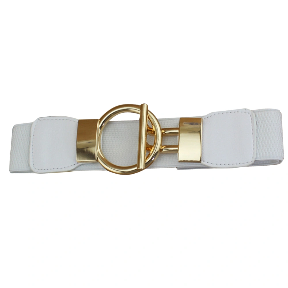 1Pc Women Wide Elastic Waist Belt Cinch Belt Stretch Waistband Golden Round Pin Buckle Belt (White)