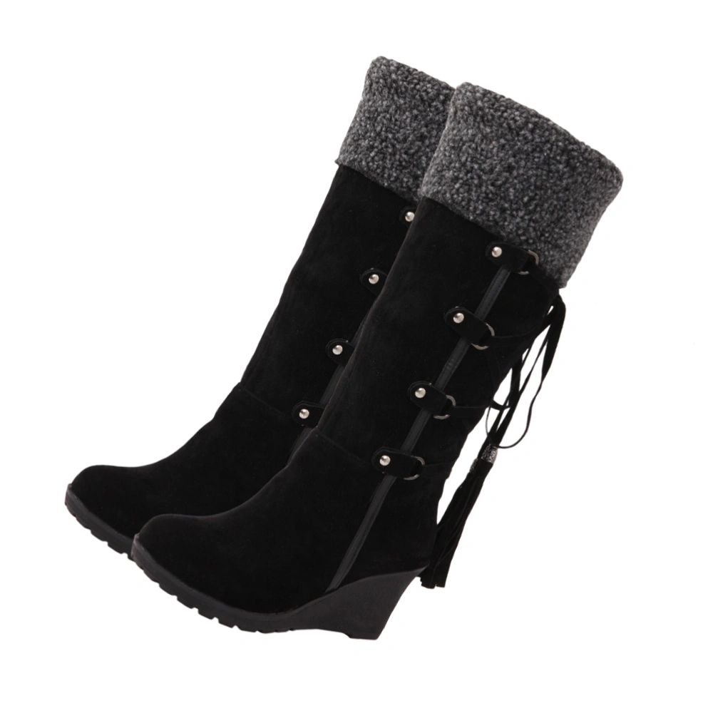 Women High Boots Fashion Slipsole High Boots Girl Tassel Boots Winter Snow Boots (Black Size 41)