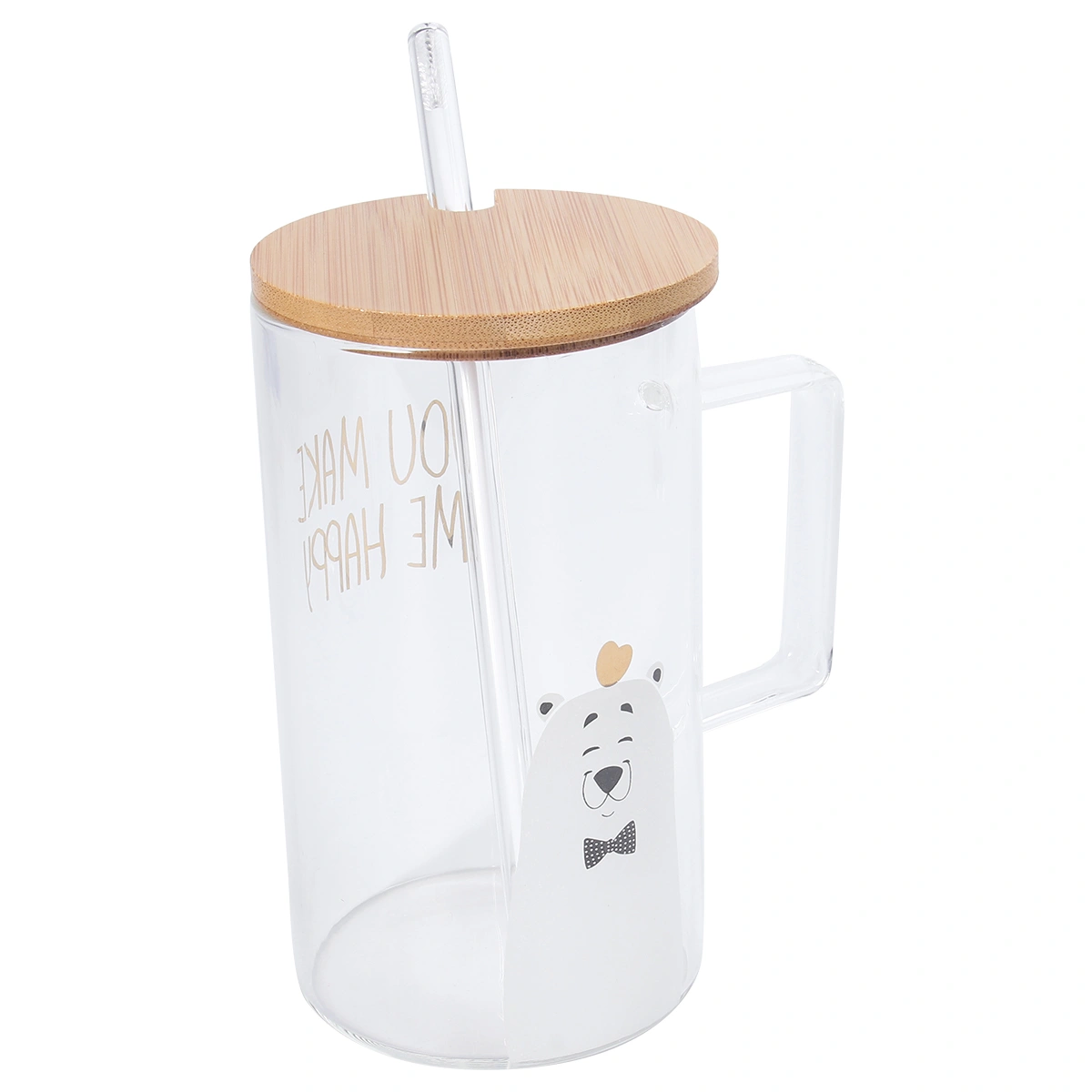 1Pc Cartoon Animal Printing Glass Coffee Mugs with Handle High-capacity Household with Wooden Lid And Glass Straw Transparent (Peach Heart And Bear Pattern)