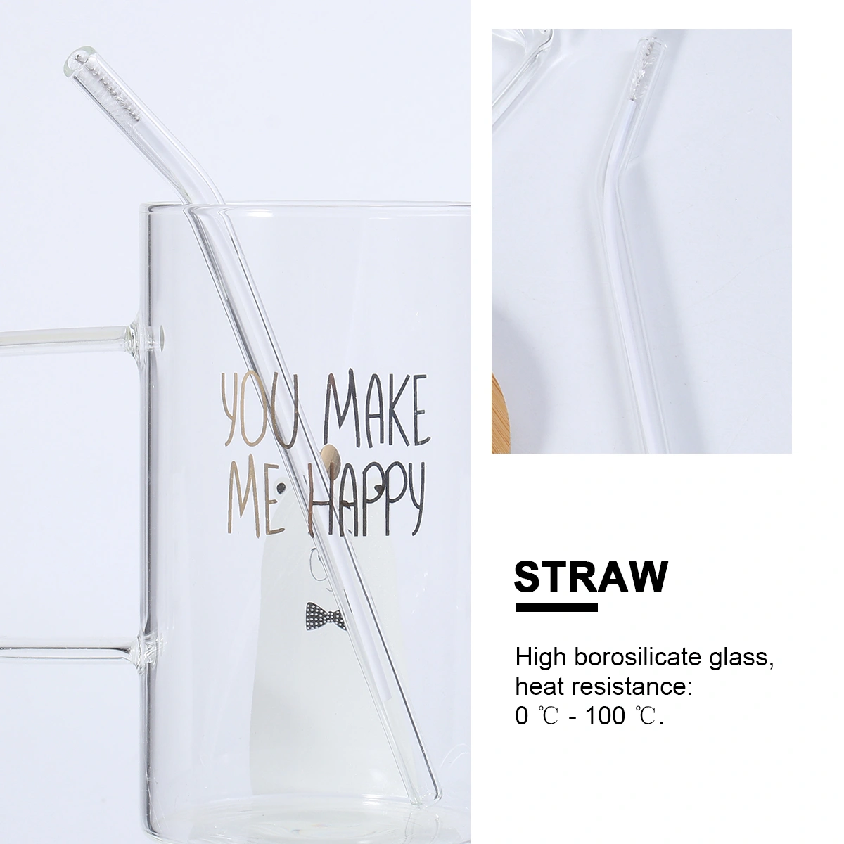 1Pc Cartoon Animal Printing Glass Coffee Mugs with Handle High-capacity Household with Wooden Lid And Glass Straw Transparent (Peach Heart And Bear Pattern)