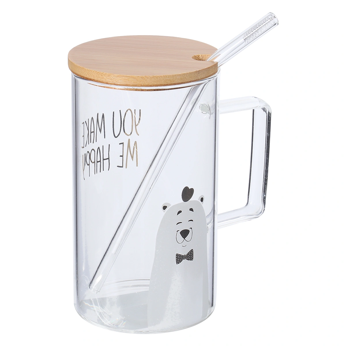1Pc Cartoon Animal Printing Glass Coffee Mugs with Handle High-capacity Household with Wooden Lid And Glass Straw Transparent (Peach Heart And Bear Pattern)