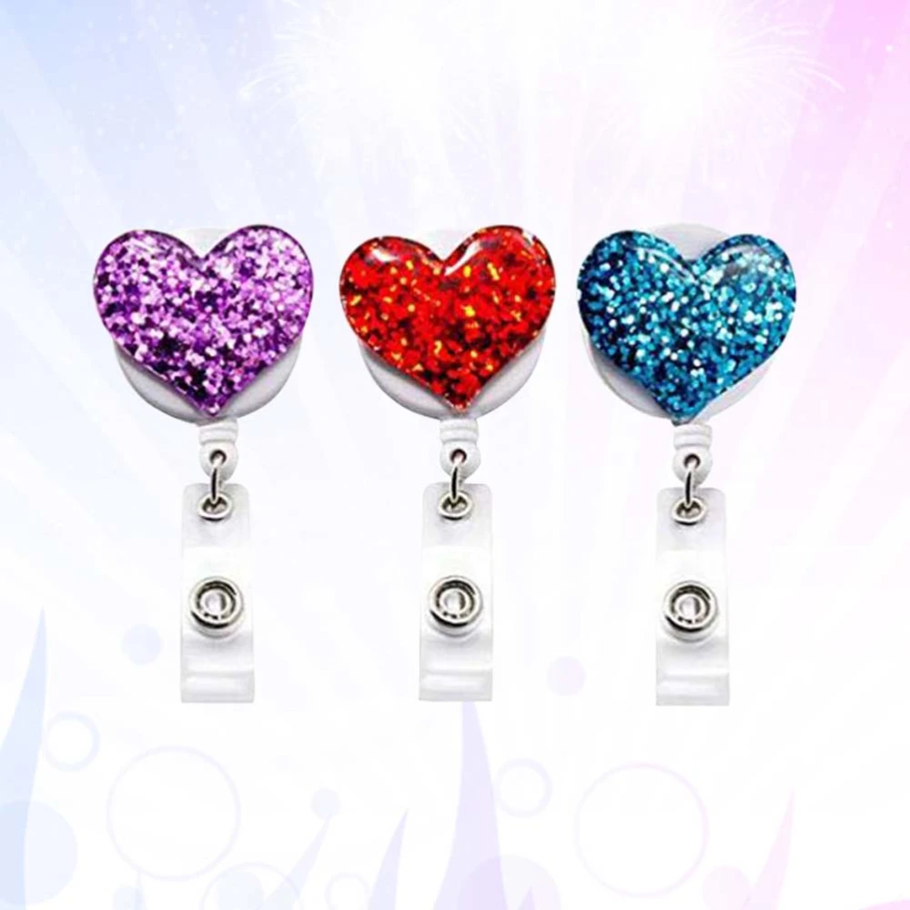 3pcs Love Heart Shaped Clips Rhinestone ID Sleeve Alloy Buckle Retractable ID Badge Reel Clips(Purple + Red + Blue 1pc for each)