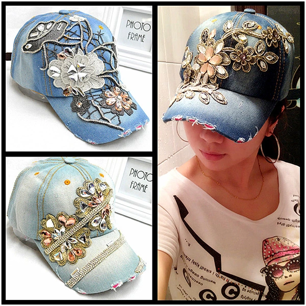 Women Rhinestone Flower Baseball Summer Style Lady Jeans Hats (Color-4)