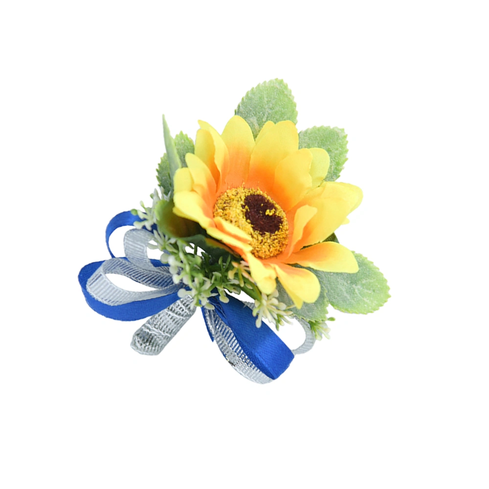 1PC Simulation Sunflower Brooch Cloth Wedding Boutonniere Realistic Bridal Corsage Cloth Sunflower Brooch Wedding Dress Boutonniere for Bride Groom Wearing Blue Ribbon Style