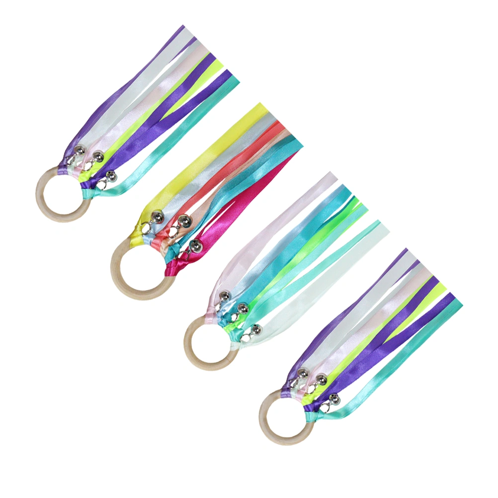 4pcs 50cm Cheerleading Bell Prop Wooden Round Handle Dance Ribbon for Festival Stage Performance Party (Colorful Random)