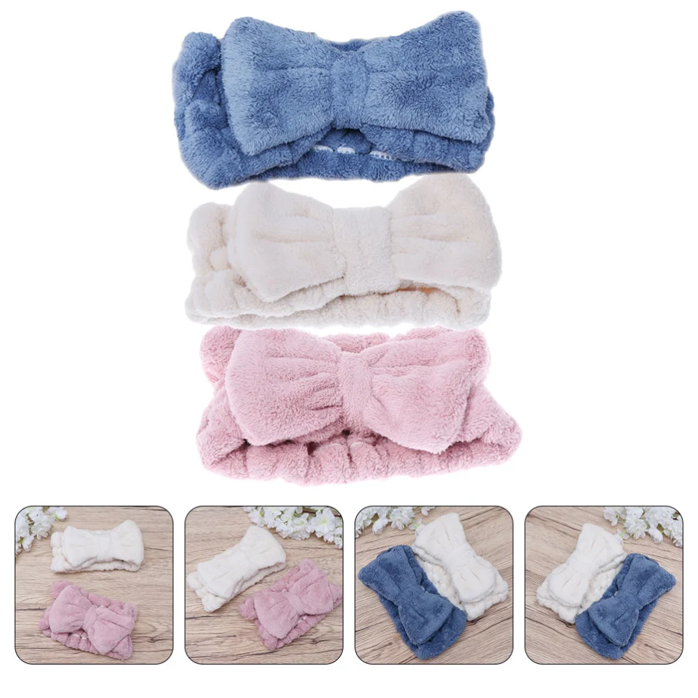 3pcs Coral Fleece Face Washing Headbands Elastic Bowknot Makeup Headbands