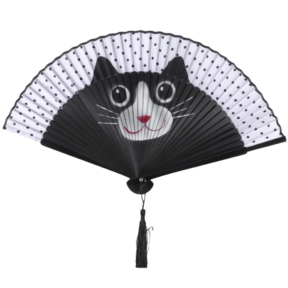 Cat Folding Fan Cartoon Silk Surface Summer Fan Everyday Use Dots Printed Folding Fans for Home Office (Round Eyes, Black)