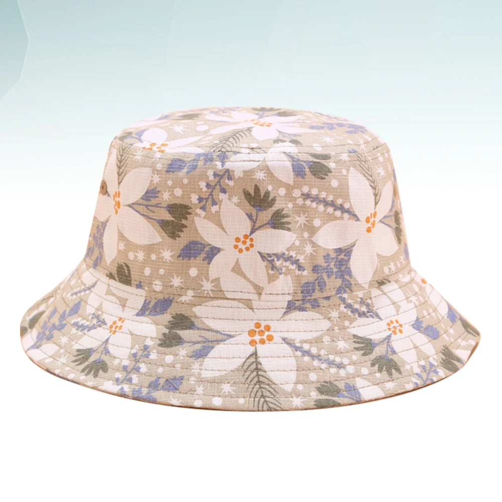 Hawaii Party Floral Printed Hat Fashion Sun Protection Hat Leisure Travel Bucket Outdoor Hat (Beige)