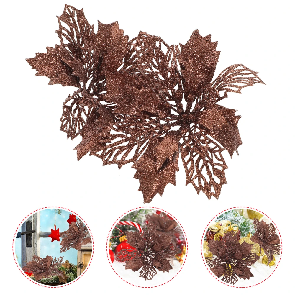 12 Pcs Glitter Poinsettia Flowers Hollow Artificial Flowers Christmas Ornaments Xmas Tree Hanging Pendant (Dark Coffee)