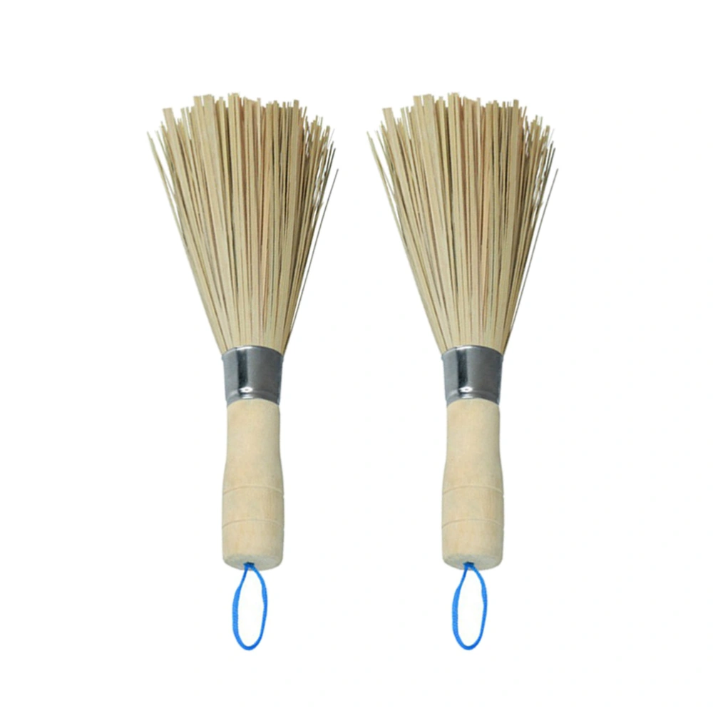 2pcs Bamboo Pan Brushes Long Handle Wok Cleaning Brush Dish Brushes Kitchen Tool for Home Restaurant