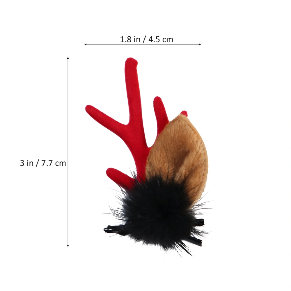 2 Pairs Adorable Black Plush Ball Hair Clips Christmas Antlers Barrettes Hair Decoration for Party (Red Antlers, Brown Antlers)