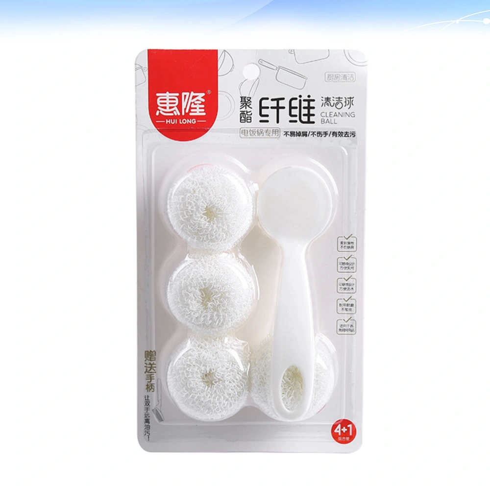 1Set Fiber Dish Washing Ball Dish Cleaning Ball Kitchen Bowl Washing Ball Pot Brushing Ball Scrubber (4 Fiber Ball and 1 Long Handle)