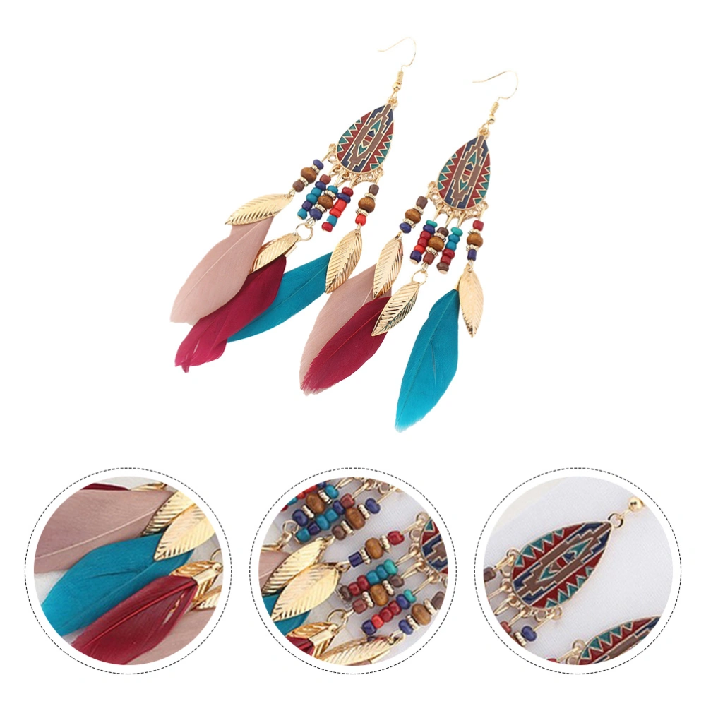 1 Pair of  Woman's Vintage Earrings Feather Leaf Ear Dangler Tassel Ear Drop