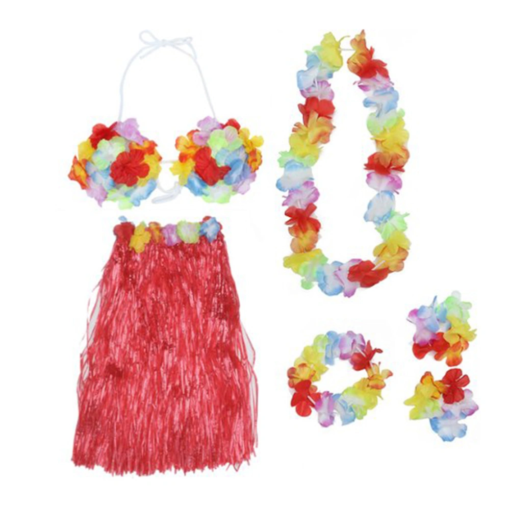 40cm Hawaii Tropical Hula Grass Dance Skirt & Bra & Flower Bracelets & Headband & Necklace Set (Red)