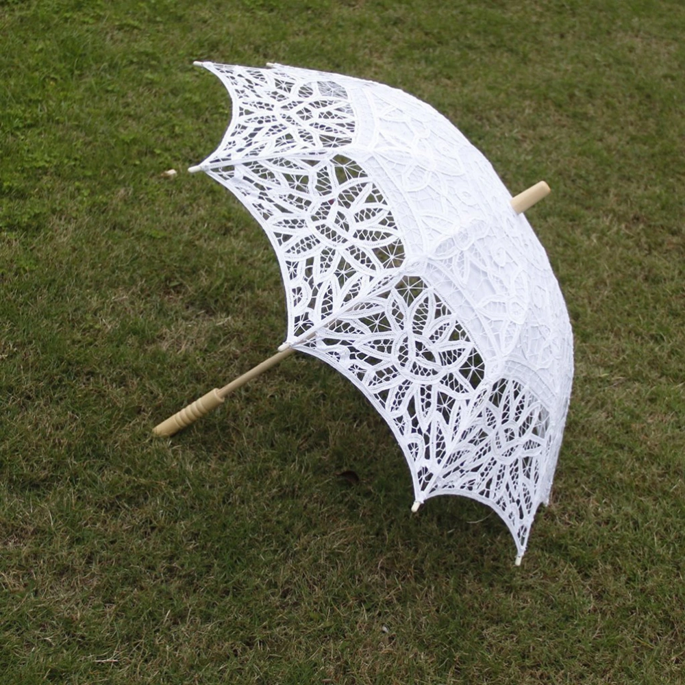 Bridal Wedding Umbrella Lace Cotton Embroidery Handmade Parasol Umbrella Lady Costume Accessory for Wedding Party Photo Props (White)