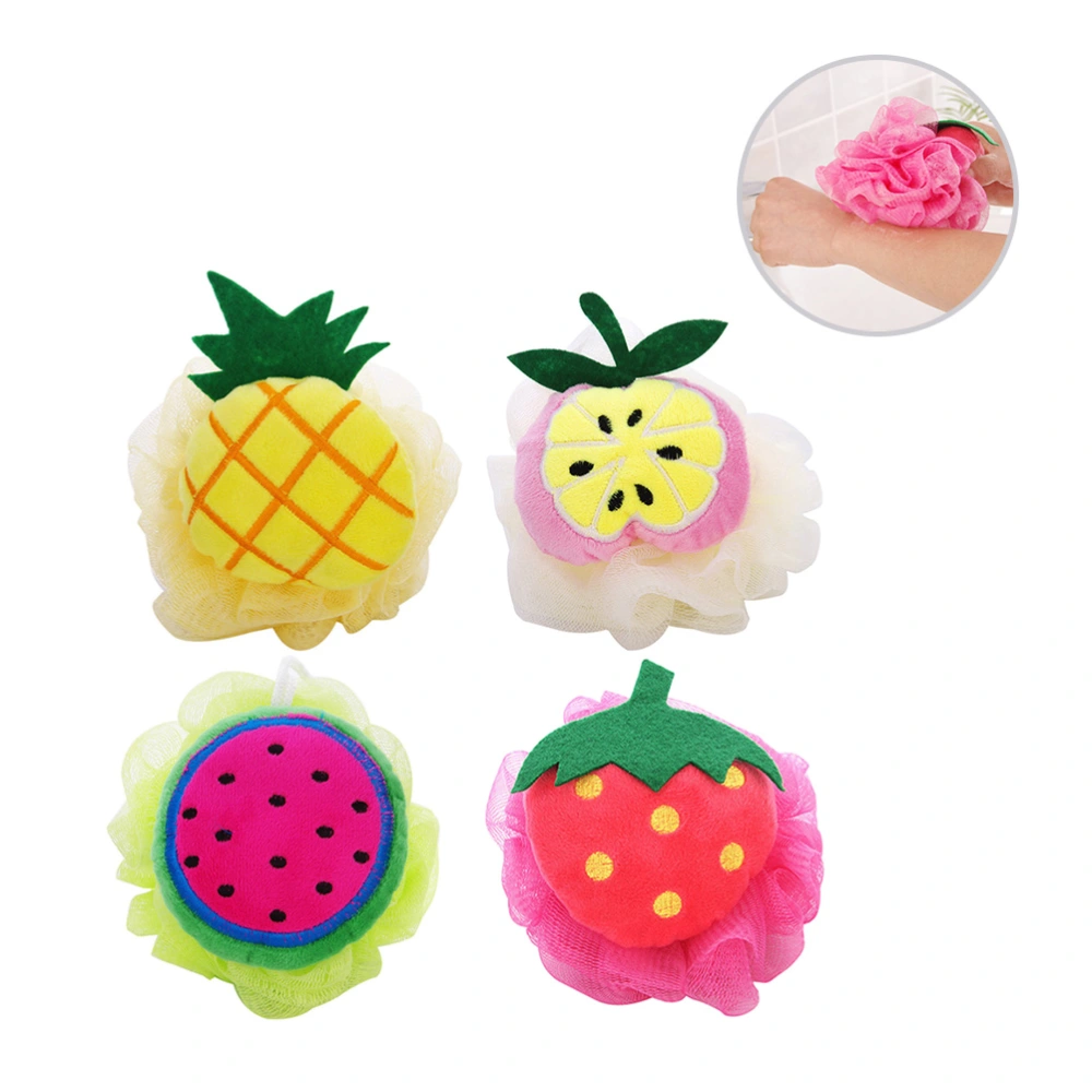 4pcs Large Shower Ball Colorful Fruit Shape Bath Ball Mesh Sponge Mesh Pouf (Pineapple + Watermelon + Apple + Strawberry)