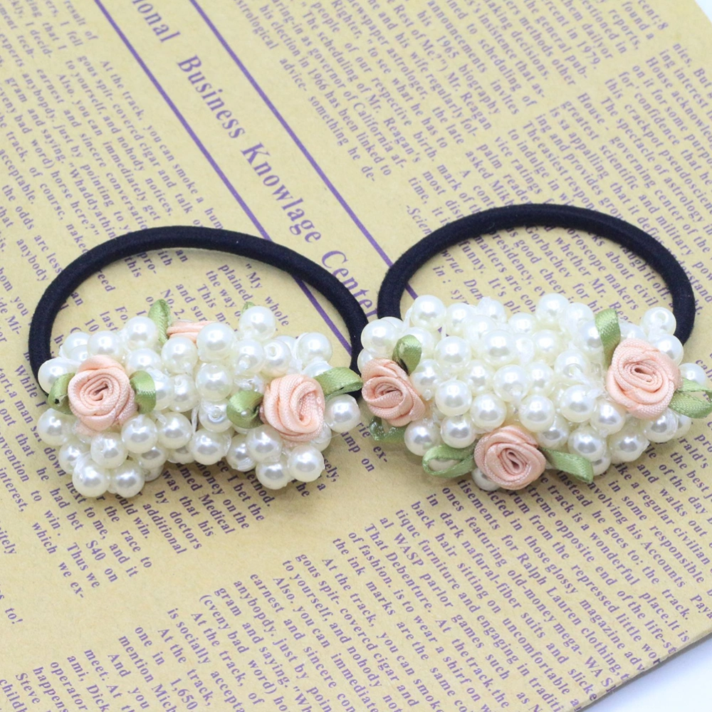 2pcs Flower Beaded Pearl Hair Loop Hair Rope Elastic Hair String Hair Accessories for Women Girls Ladies