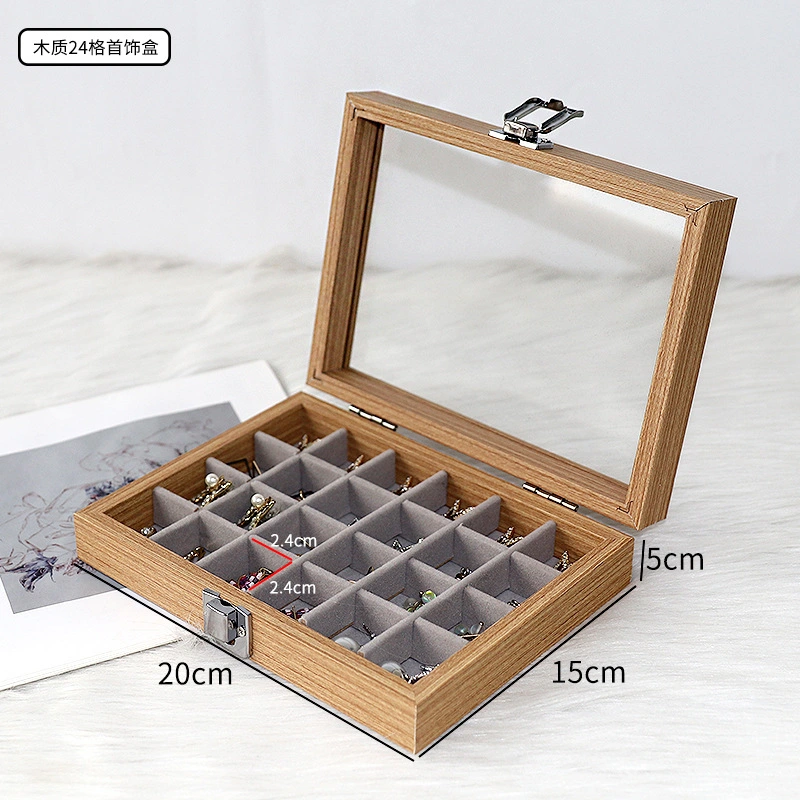 Wood Multi Grid Jewelry Box with Clear Lid Compartment Jewelry Display Box Storage Case