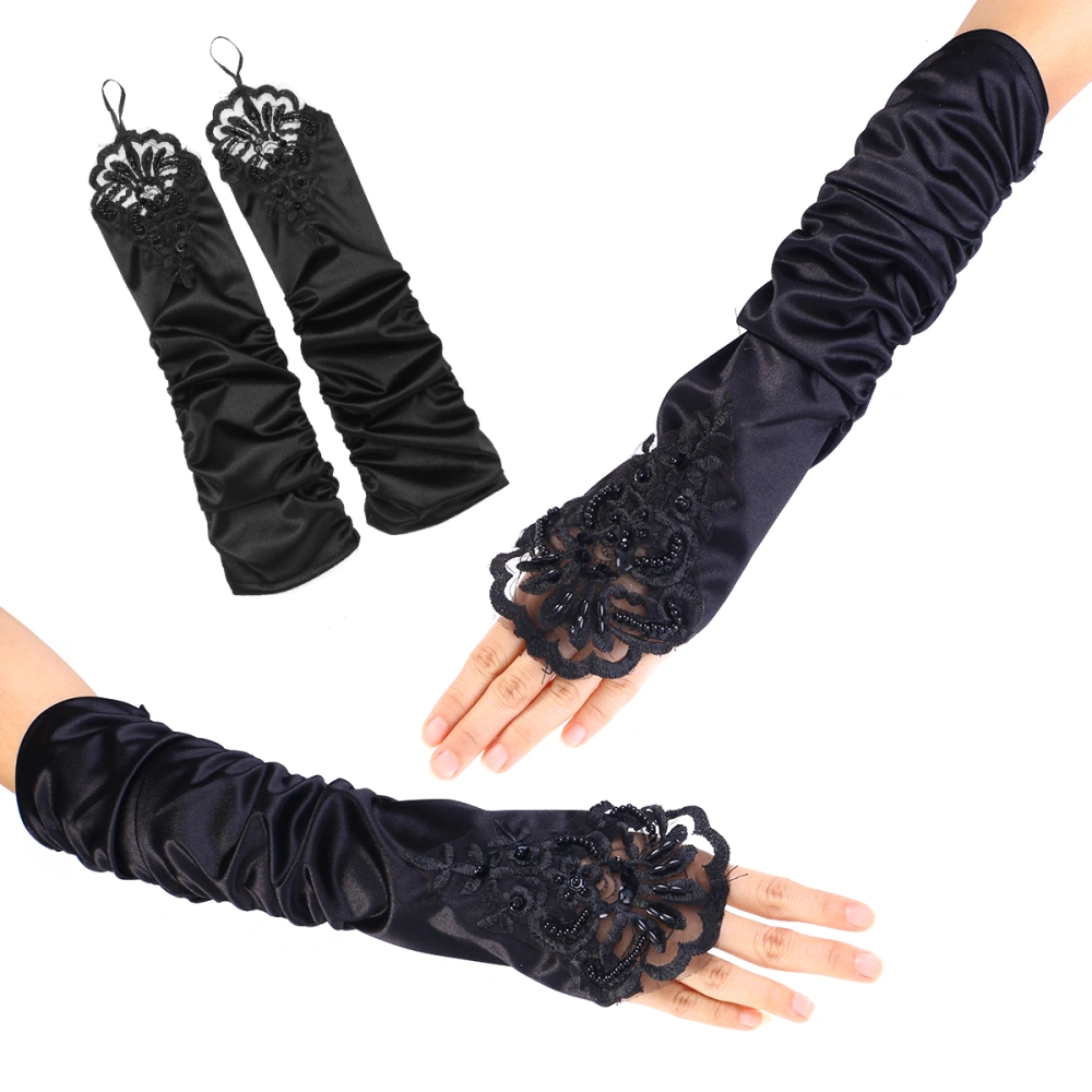 1 Pair Ladies Fingerless Gloves Lace Sequins Satin Bridal Gloves for Wedding Evening Party (Black)