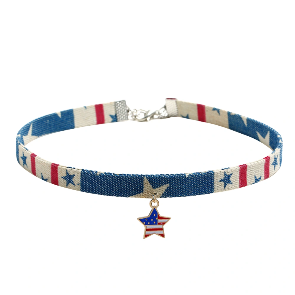 Trendy Colorful Star Pattern Denim Necklace National Flag Pendant Choker Necklace Collar Jewelry Five-pointed Star American Flag Necklace Accessory for Women