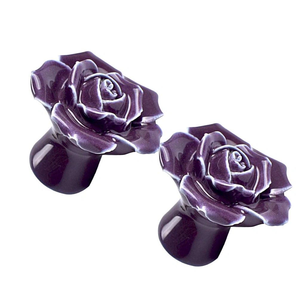 2pcs Rose Shaped Ceramic Kitchen Cupboard Cabinet Drawer Door Knobs Pull Handles (Purple)