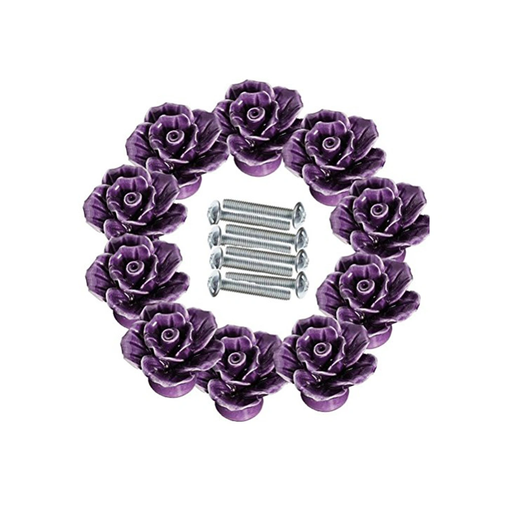 2pcs Rose Shaped Ceramic Kitchen Cupboard Cabinet Drawer Door Knobs Pull Handles (Purple)