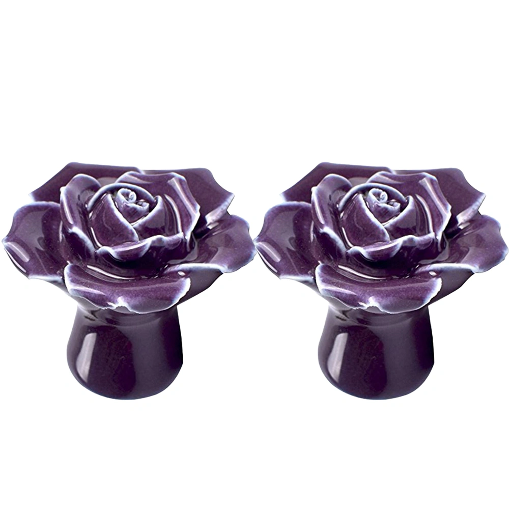 2pcs Rose Shaped Ceramic Kitchen Cupboard Cabinet Drawer Door Knobs Pull Handles (Purple)