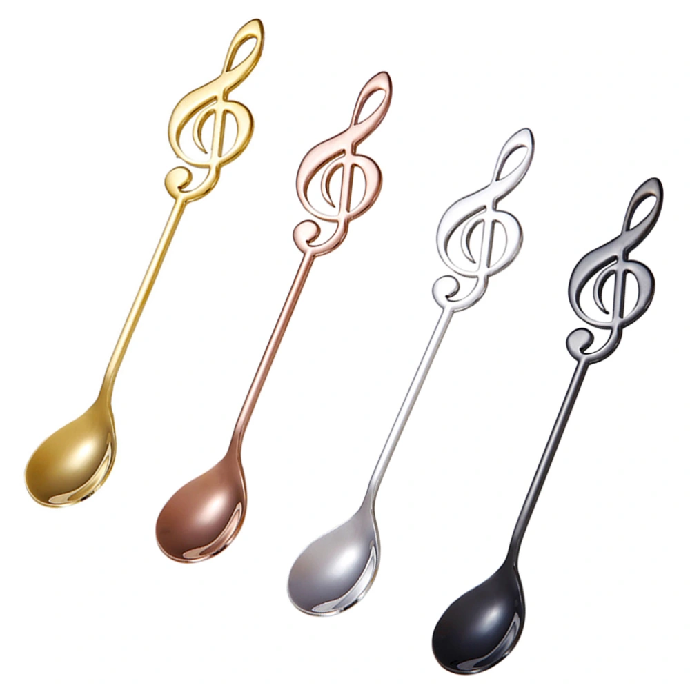 4pcs Stainless Steel Titanium-coated Coffee Spoons Musical Note Pattern Stirring Spoon Dessert Scoop Tableware (Black+Primary Color+Golden+Rose Gold)