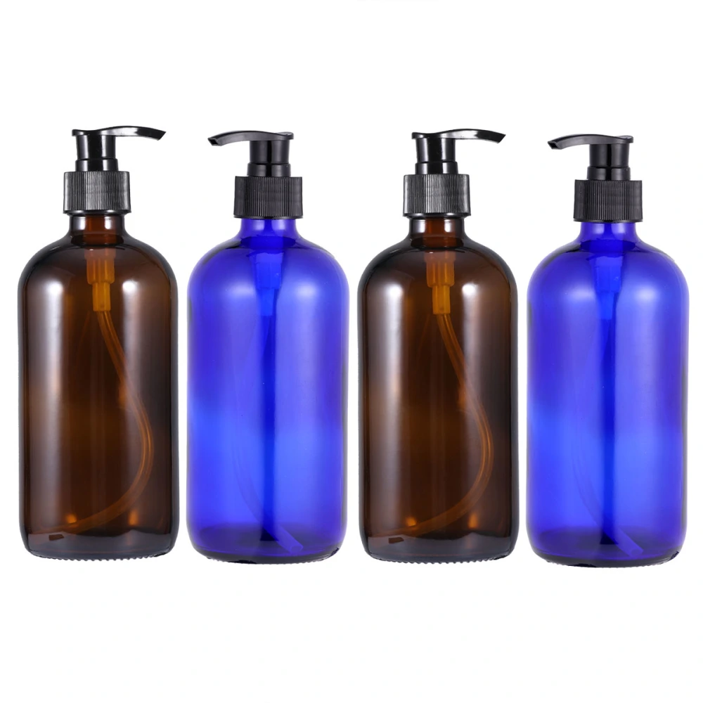 4pcs 500ml Empty Press Bottles Glass Lotion Bottles Shower Gel Shampo Pump Bottles (Brown and Blue Bottle for Each 1pc Press Pump for 2PCS)