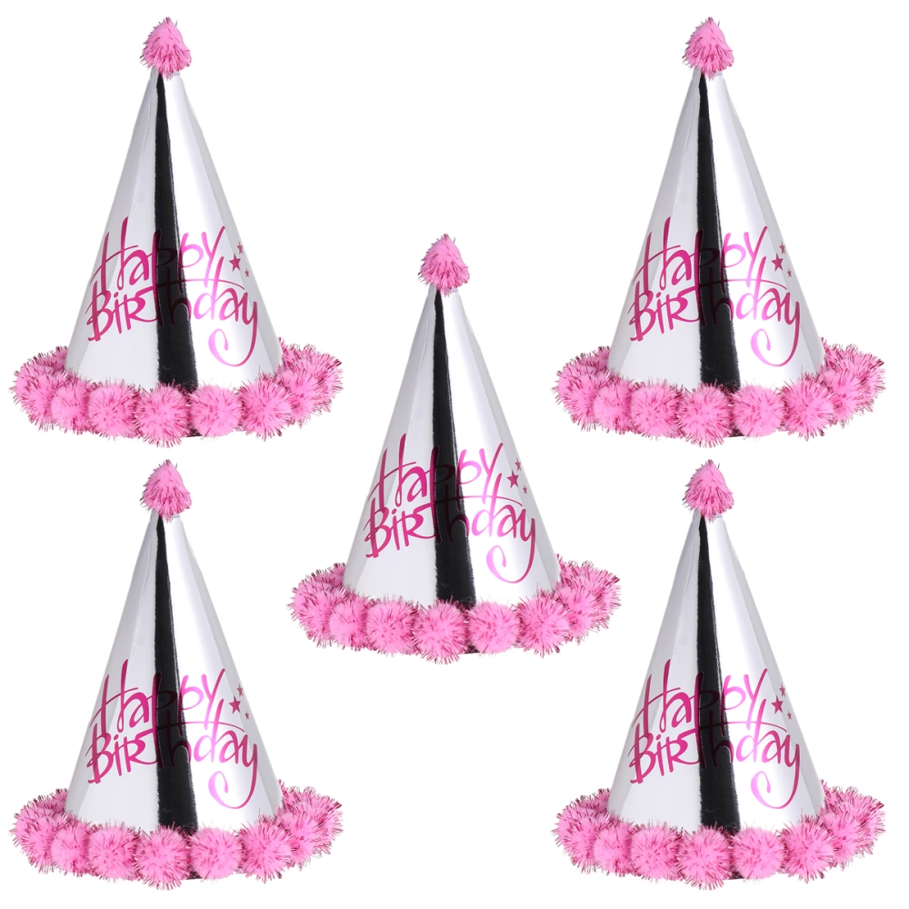 5pcs Pink Cone Shape Pompon Hats Shiny Paper Birthday Letter Printing Design Birthday Party Hat Decorations