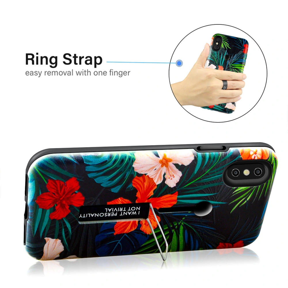 Flower Patterned Phone Cover Hidden Strap Kickstand Case Marble Texture Phone Cases for iPhone XS Max (Red Flower Green Banana Leaves)