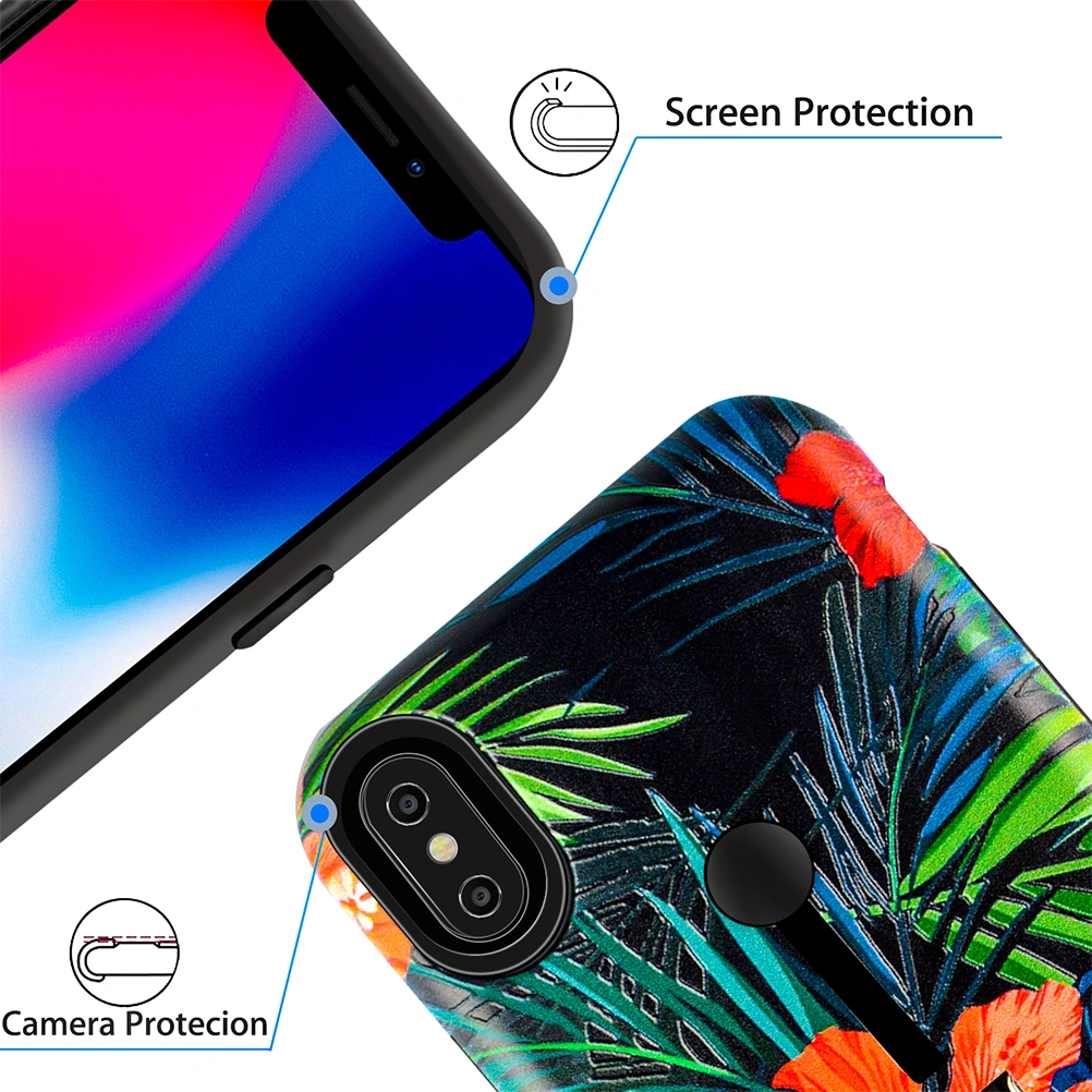 Flower Patterned Phone Cover Hidden Strap Kickstand Case Marble Texture Phone Cases for iPhone XS Max (Red Flower Green Banana Leaves)
