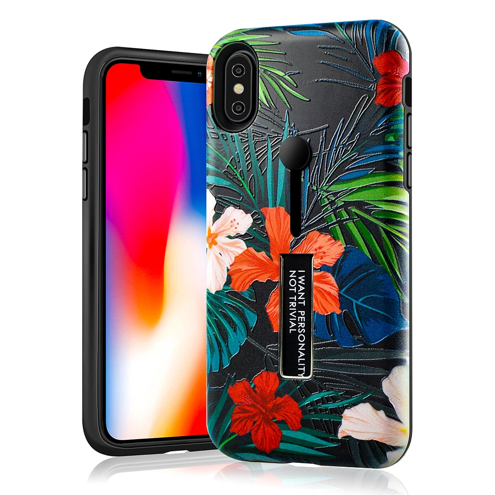 Flower Patterned Phone Cover Hidden Strap Kickstand Case Marble Texture Phone Cases for iPhone XS Max (Red Flower Green Banana Leaves)