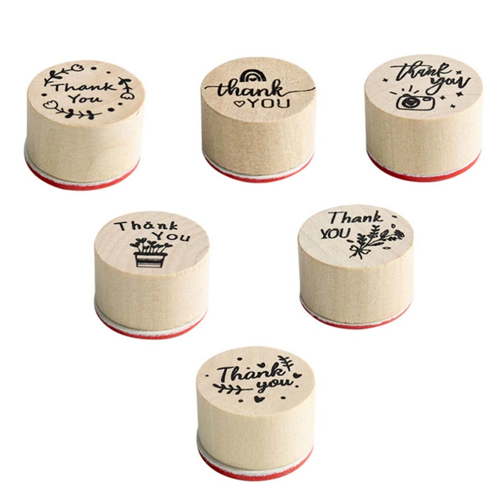 6pcs Retro Thank You Wooden Round Seals Decorative DIY Scrapbook Stamps