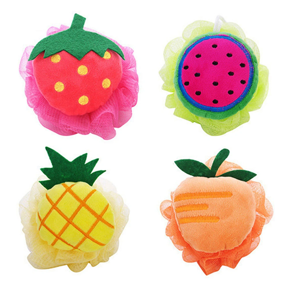 4pcs Colors Fruit Shaped Bath Ball Mesh Sponge Mesh Pouf Shower Ball (Pineapple + watermelon + mango + strawberry)